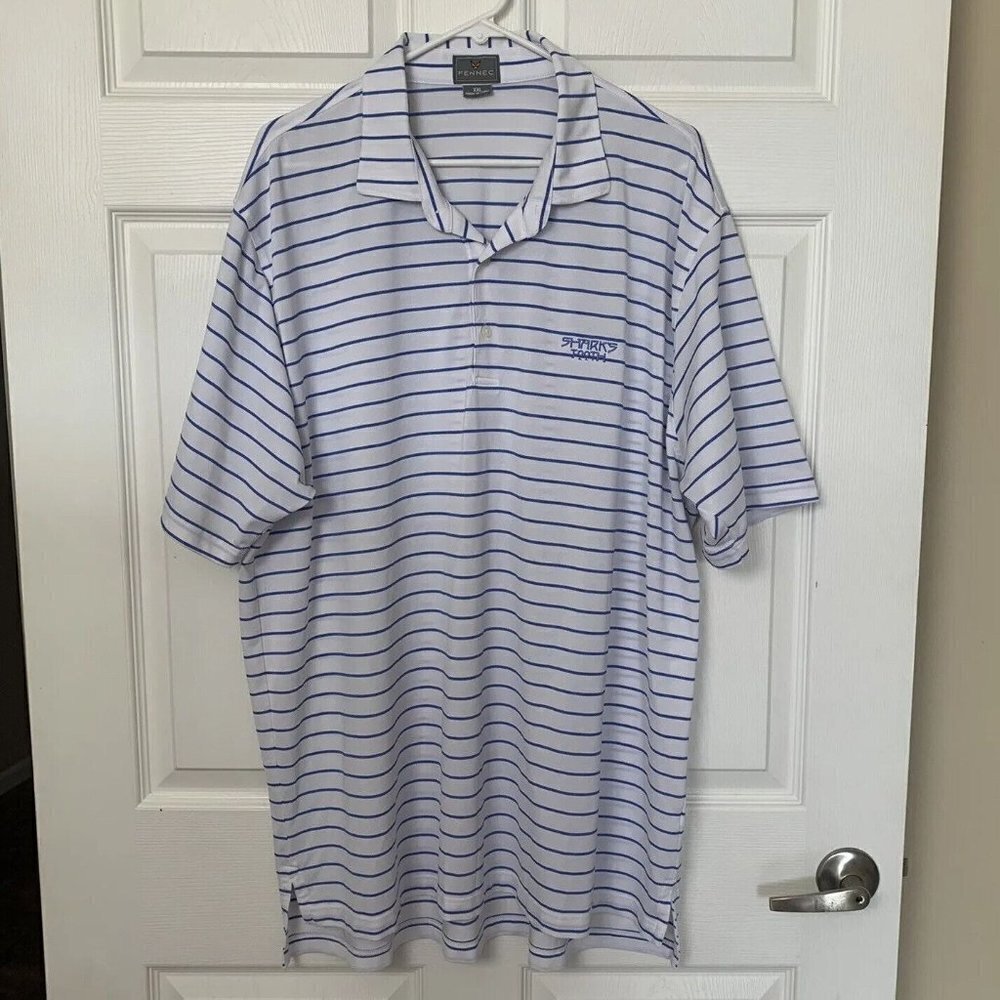 Fennec Men’s 2XL Polo Shirt Blue White Striped Short Sleeve Casual Golf